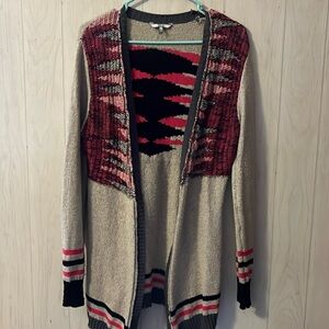 BKE Womens Open Front Cardigan Aztec Print Knit Sweater Boho Pink